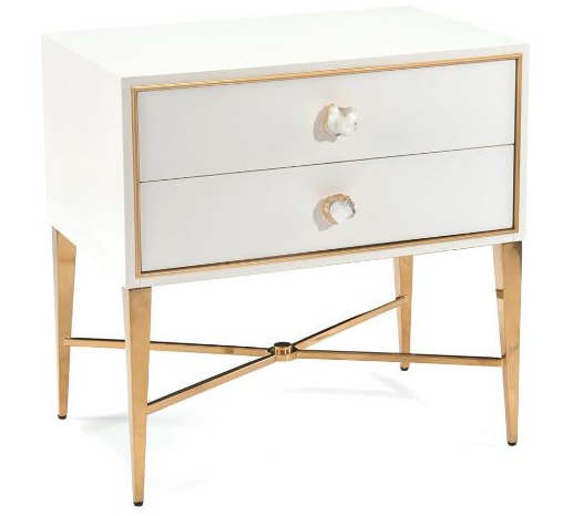 A modern white and gold nightstand with two drawers and gold hardware