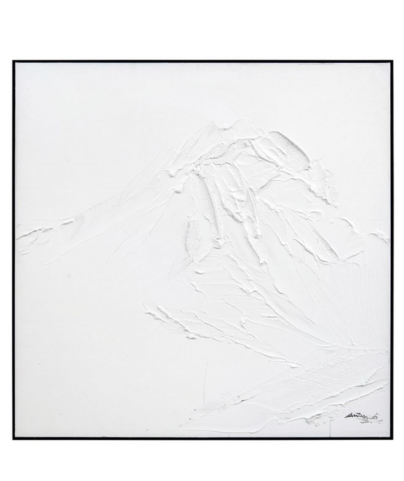 A white abstract painting with textured brushstrokes, resembling a snow-capped mountain.