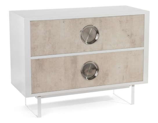 A simple and elegant white dresser with two drawers and classic round handles.