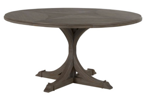 The Adams Round Dining Table features a beautiful, circular pattern atop a trestle base. Top design features inlaid oak veneer in a flower pattern with a dark antique grey wash finish. Timeless and romantic, our Adams Round Dining Table seats 4 to 6 comfortably.