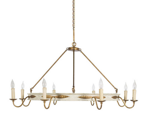 The contrast of gold and white shines elegantly on the large scale circular frame of the Kayleigh Chandelier. Crafted from wood and metal, this eye catching chandelier features gilded gold acanthus leaves on a handpainted antique white ring.