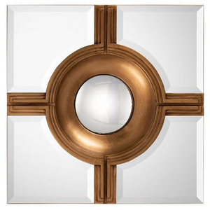 A square mirror with a thin, polished brass frame. The mirror has a simple and elegant design.