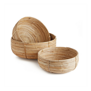 CANE RATTAN LOW BASKETS, SET OF 3